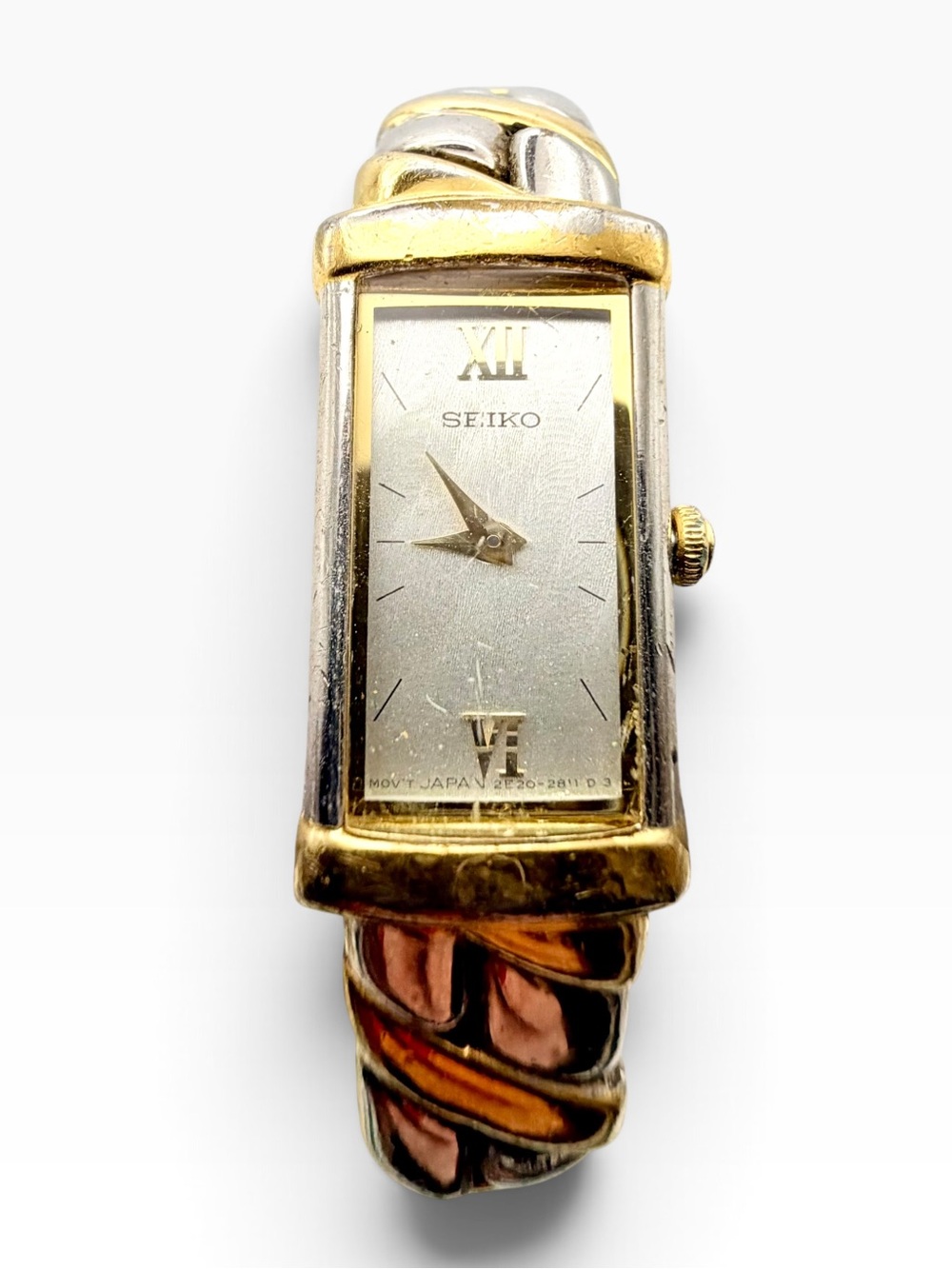 90s Vintage Seiko Two Tone Ladies Watch 2E20-7259 Rectangular Dress Watch